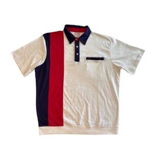 Haband Casual Joe White Striped Colorblock Mens L Button Up Pocket Polo VTG NWOT